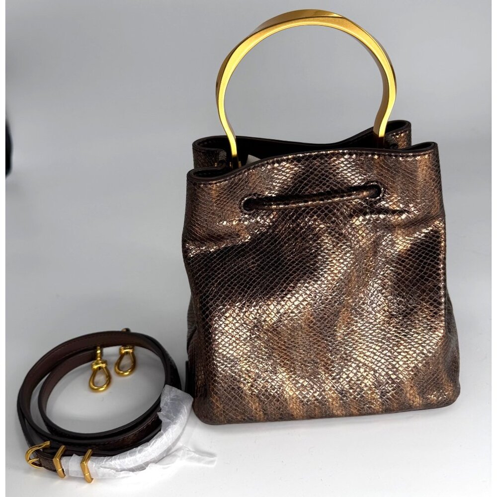 Donna Karan Drawstring Bucket Bag W/ Metallic Snake Print Leather - Picture 7 of 16